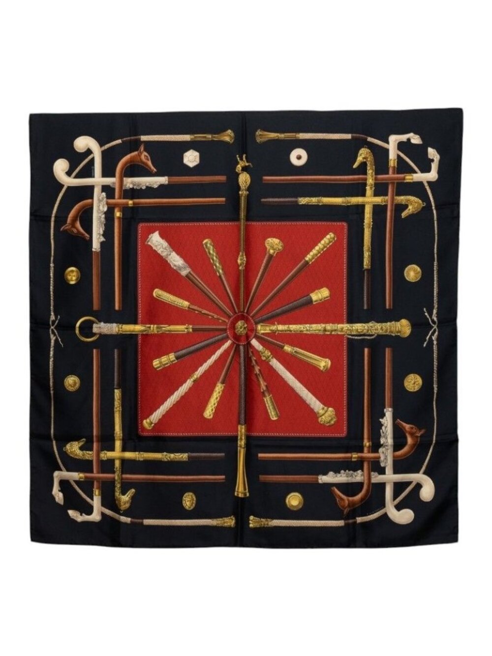 Hermes Carre 90 Cannes Et Pommeaux Cane and Decoration Scarf Large Black Red